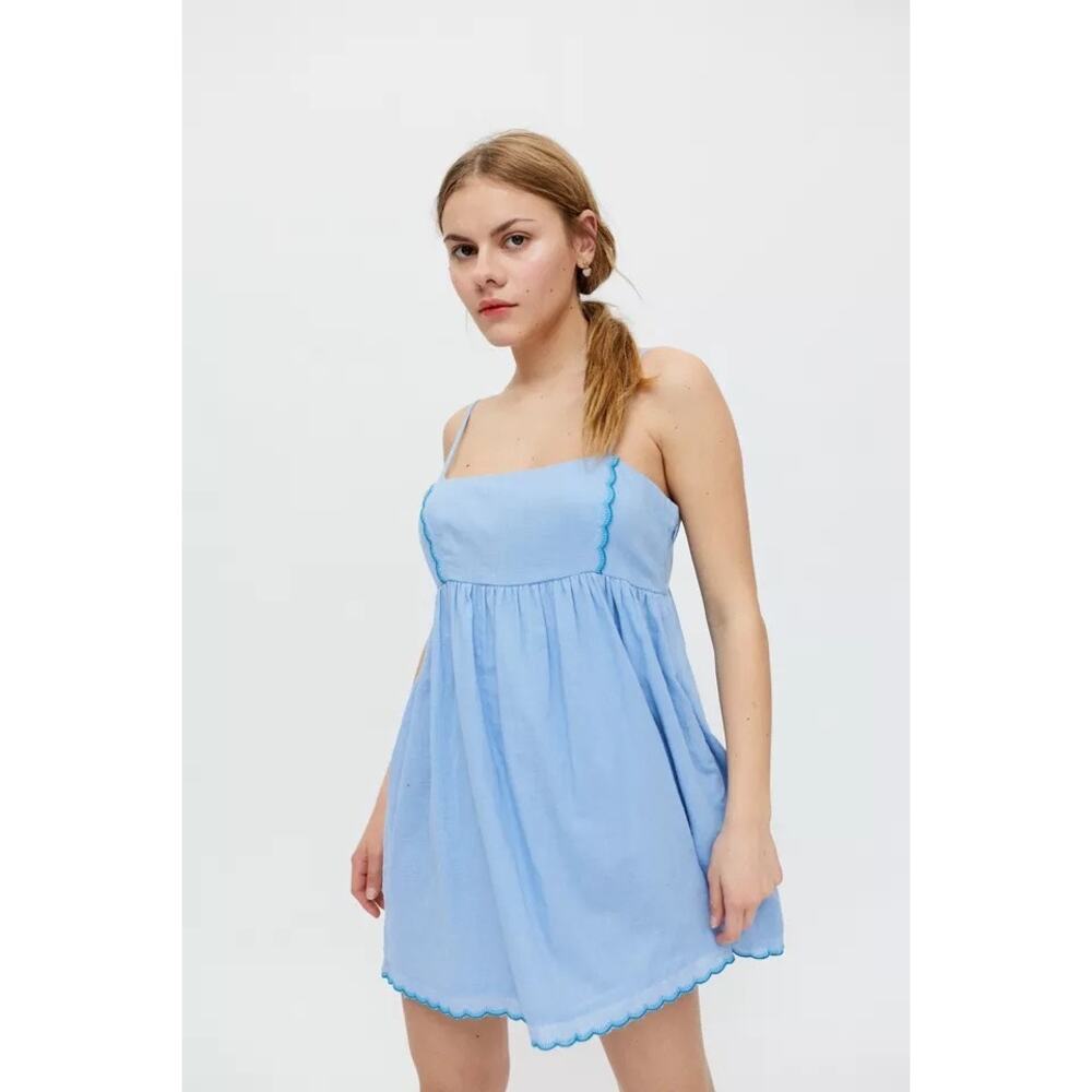 Boho Preppy Summery UO Bayview Scalloped Frock Mini Dress Cotton Beach- Sz L